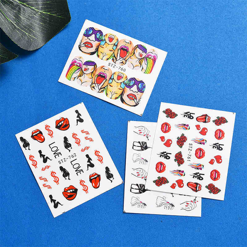 Full Beauty Nail Art Water Transfer Sticker Set Cool 9 Styles American Art Flower Sexy Lips