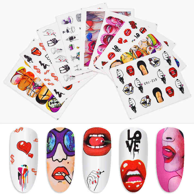 Full Beauty Nail Art Water Transfer Sticker Set Cool 9 Styles American Art Flower Sexy Lips