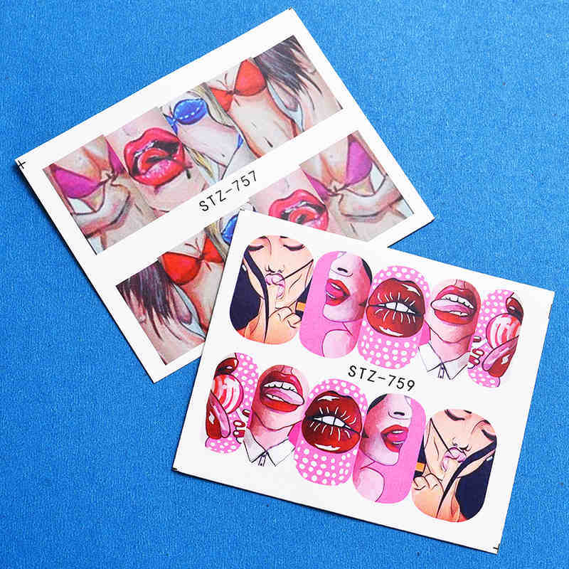 Full Beauty Nail Art Water Transfer Sticker Set Cool 9 Styles American Art Flower Sexy Lips