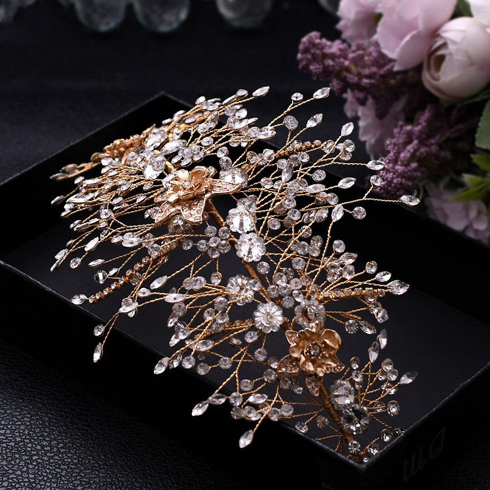 Golden Queen, Bridal Headdress, Exquisite Alloy Flower And Diamond Bridal Hair Accessories