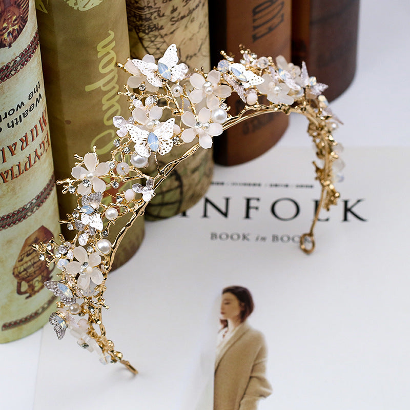 Butterfly Flower Headgear Baroque Crown Headband Golden Wedding Accessories Crystal Crown