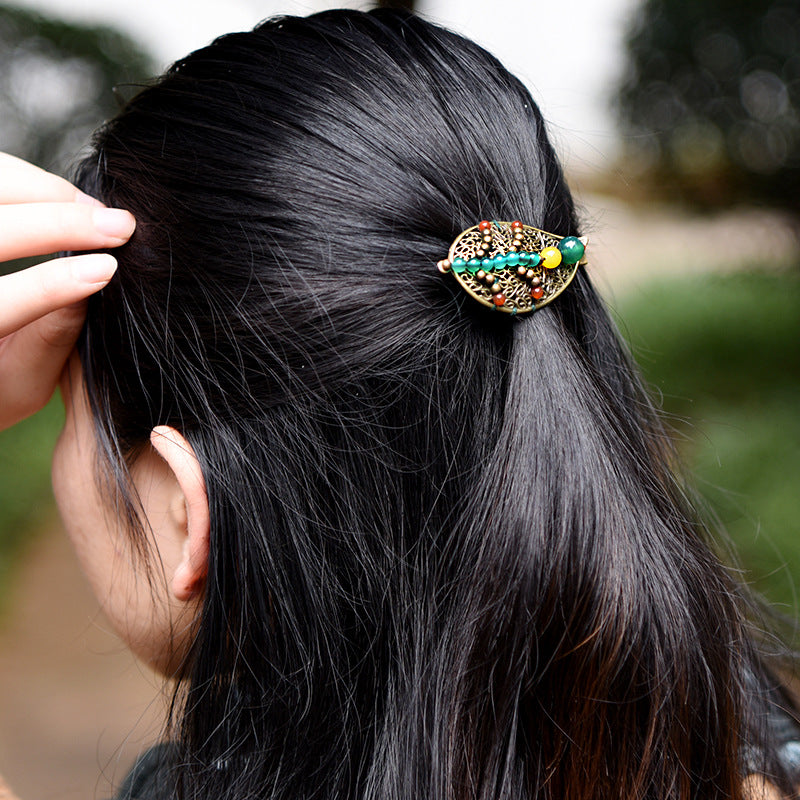 Woven Featured Silk Scarf Buckle Leaf Female Hairpin