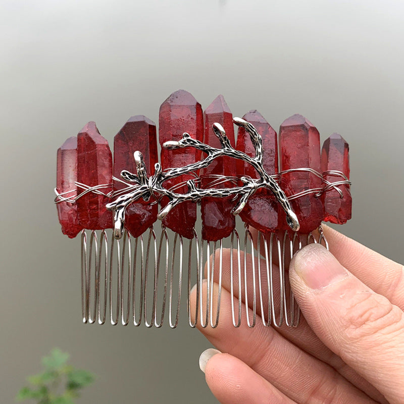 Natural Crystal Rainbow Red Sky Blue Bridal Silver Thread 20 Teeth Hair Comb