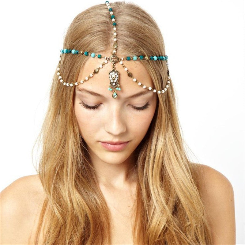Bohemian Turquoise Pearl Drop Diamond Hair Accessory Hair Chain
