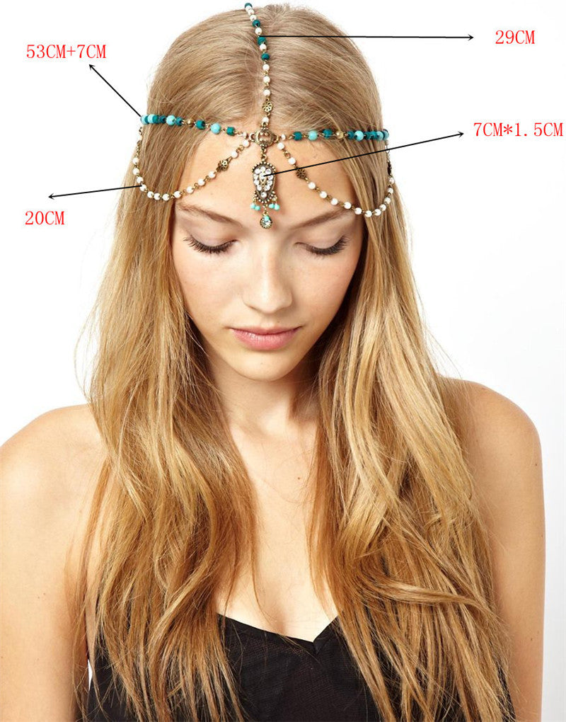 Bohemian Turquoise Pearl Drop Diamond Hair Accessory Hair Chain