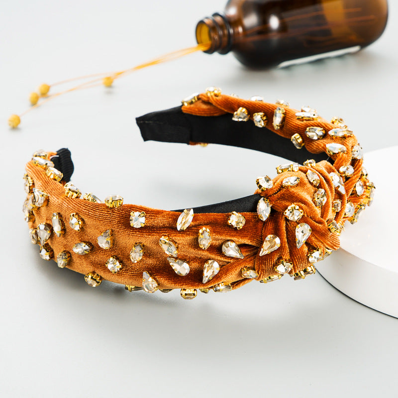 Fashion Gold Velvet Hand-stitched Full Diamond Headband