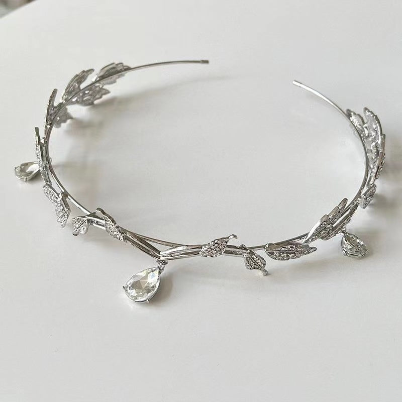 Crown Mori Style Leaves Water Drop Full Diamond Bride Forehead Ornament Super Fairy Princess On The Run Hair Band