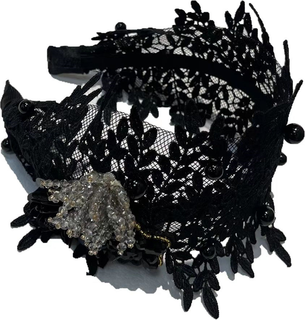 Women's Wide Lace Rhinestone Beaded Headband