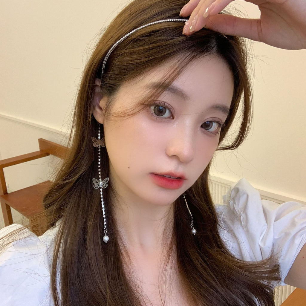 Diamond Butterfly Pearl Tassel Hairband With Thin Edge