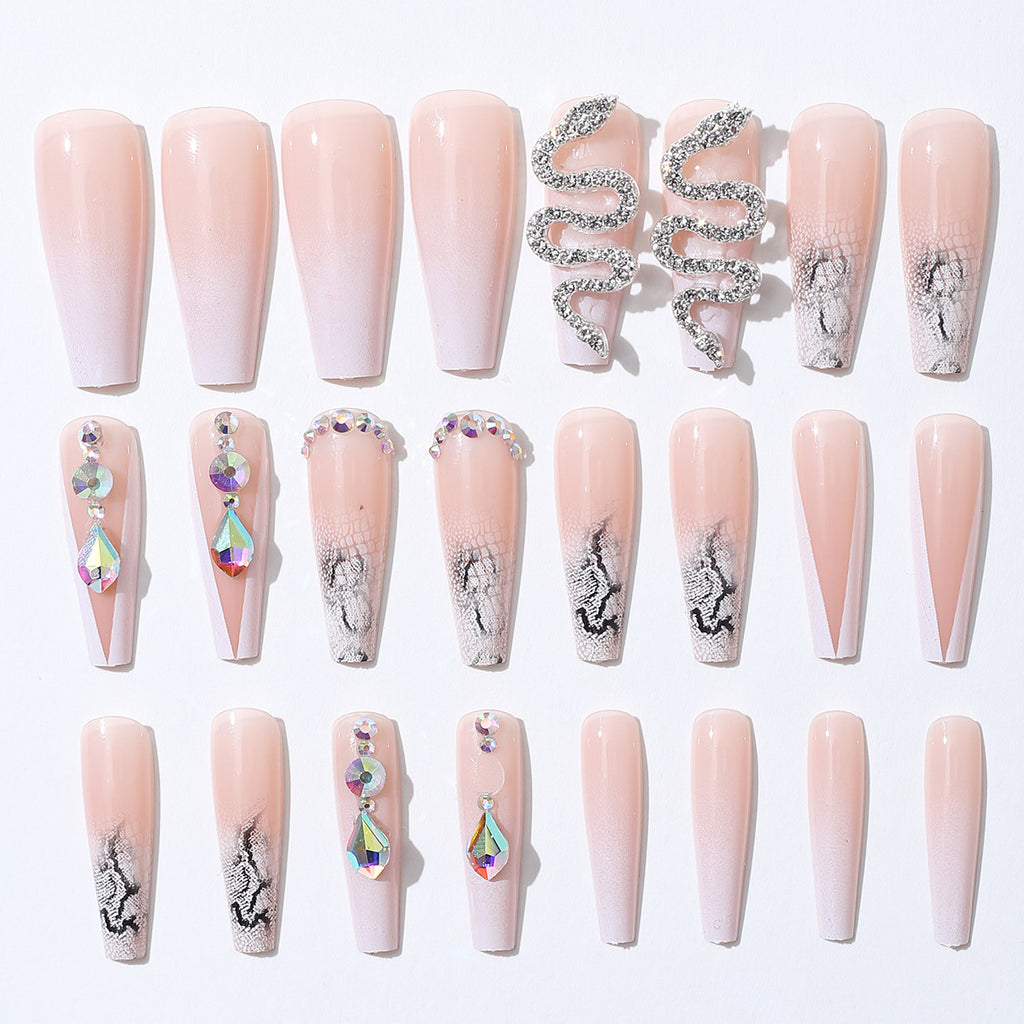 Simple French Fragment Cool Silver Snake Rhinestone Nail Beauty Finished Product