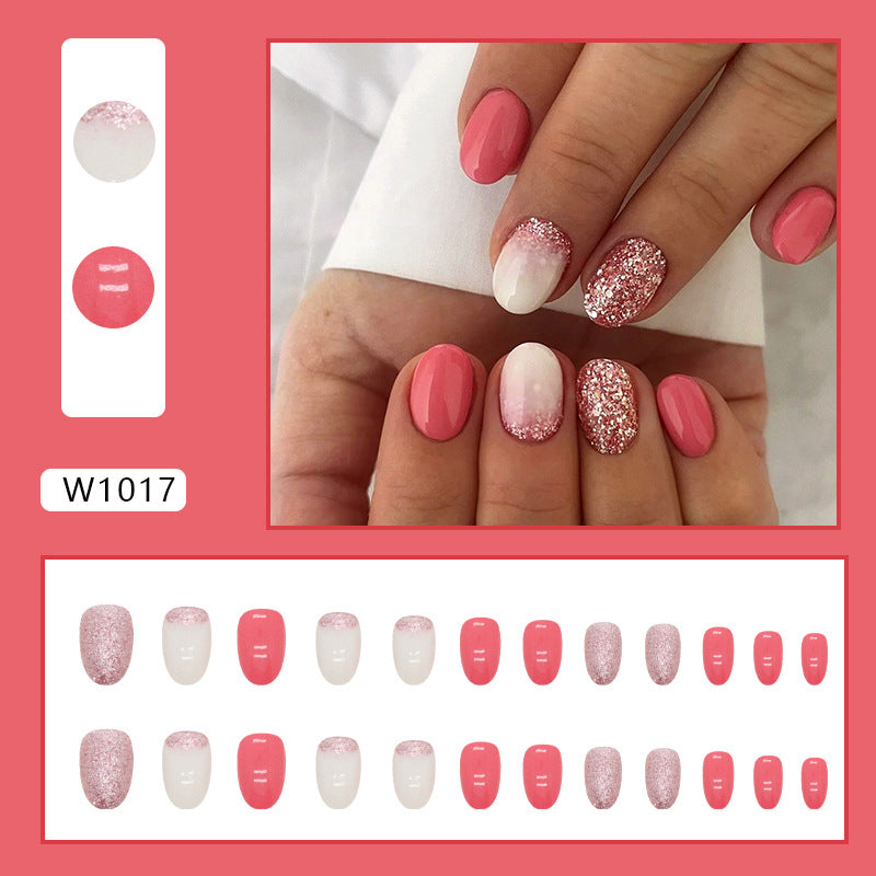 Oval Round Head European And American Ins Style Fresh Sweet Summer White Rose Pink Wear Nail