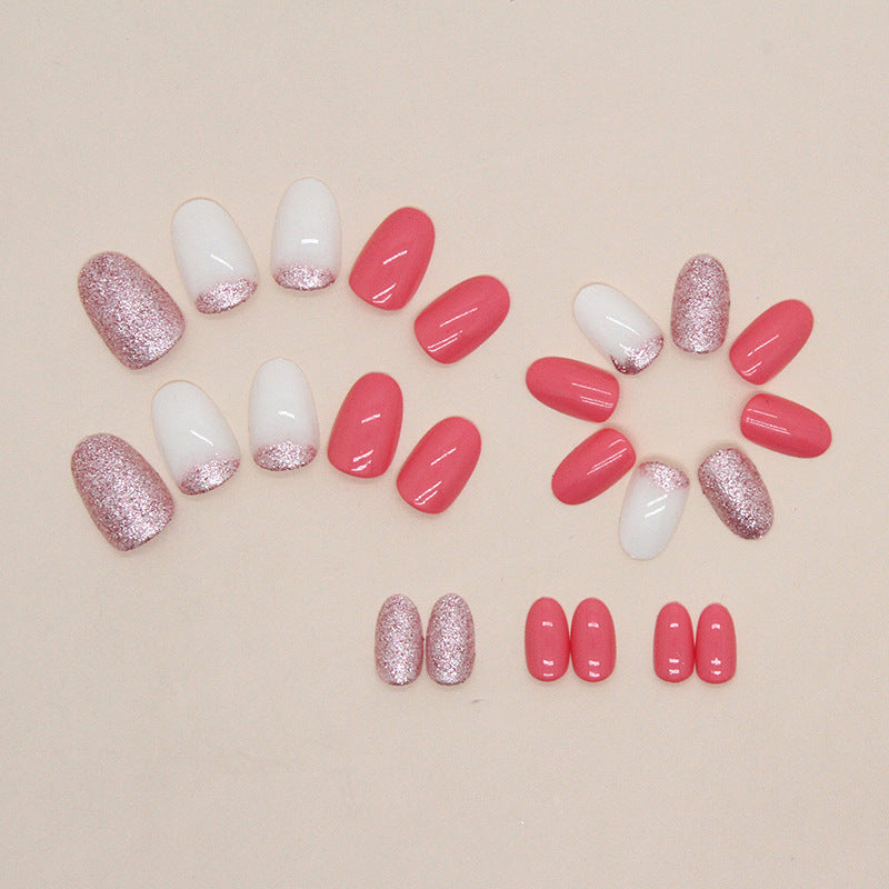 Oval Round Head European And American Ins Style Fresh Sweet Summer White Rose Pink Wear Nail