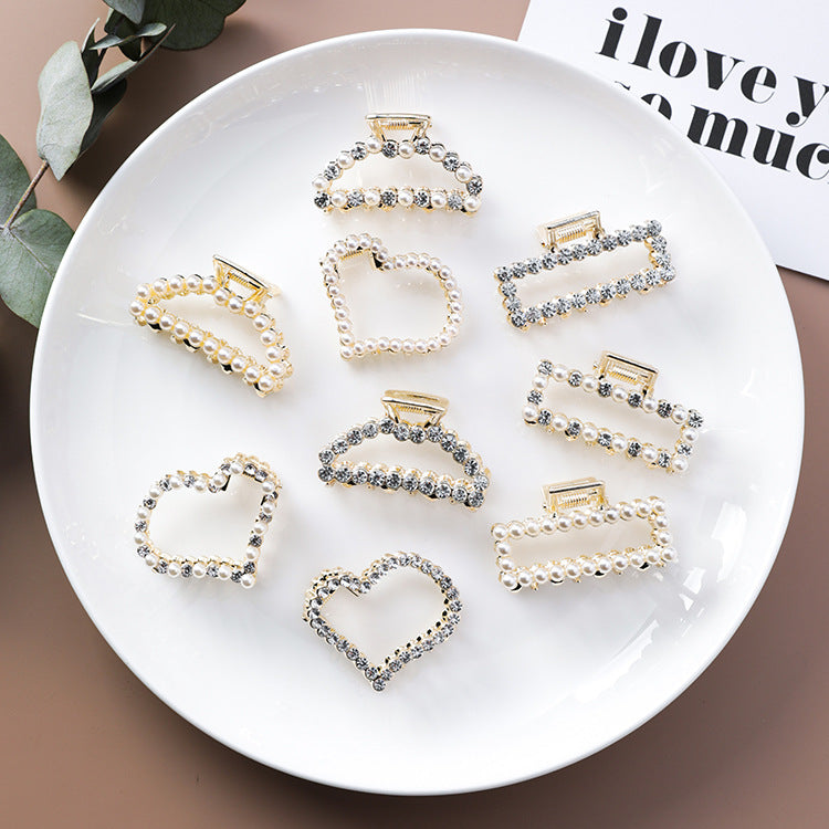Geometric Square Love Curved Pearl Rhinestone Hair Clip