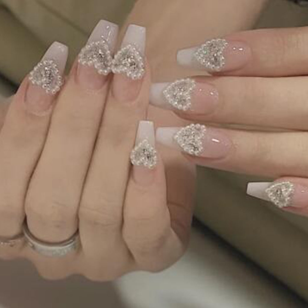 Elegant Gradient Gray Peach Heart Pearl Wear Finished Nail Beauty Removable Nail Tip