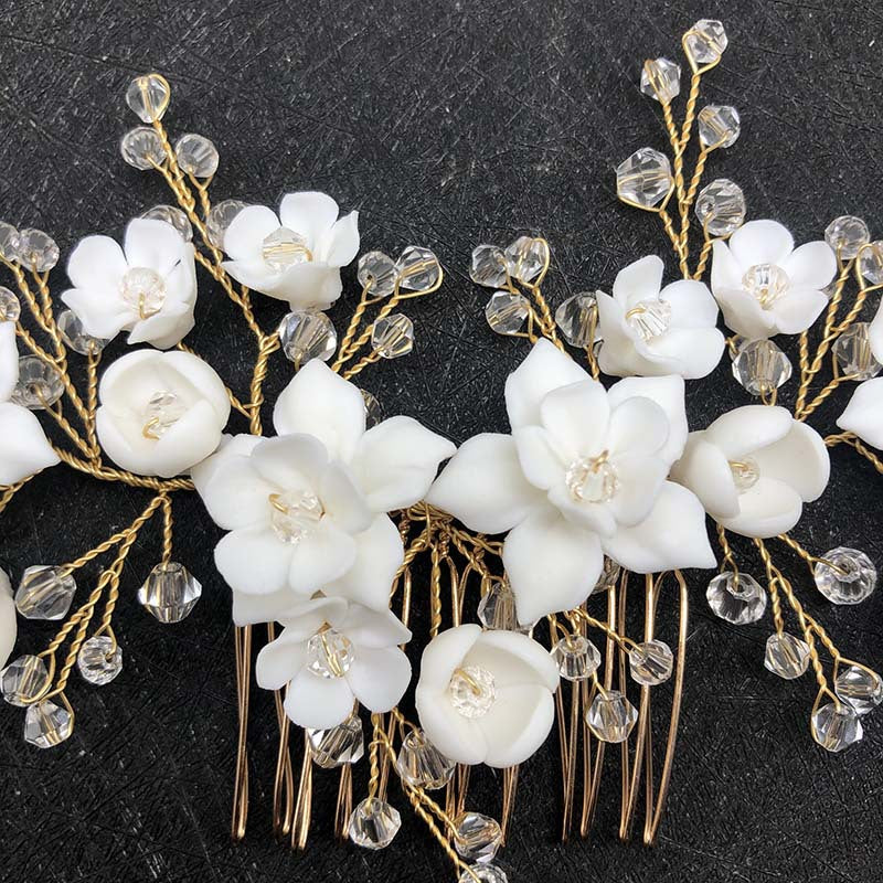 Crystal Ceramic Flower Bridal Crown Hair Comb