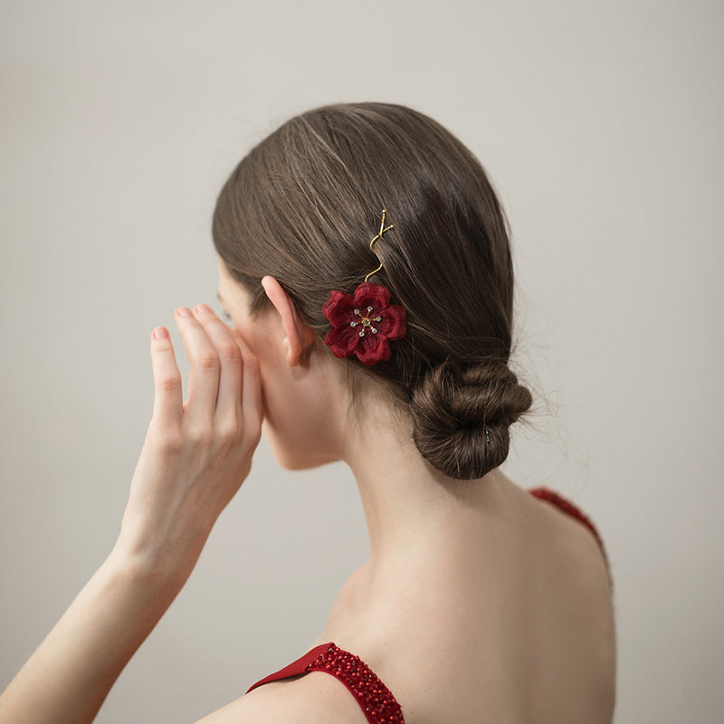 Shiny Diamond Heart Gauze Flower Bridal Hairpin