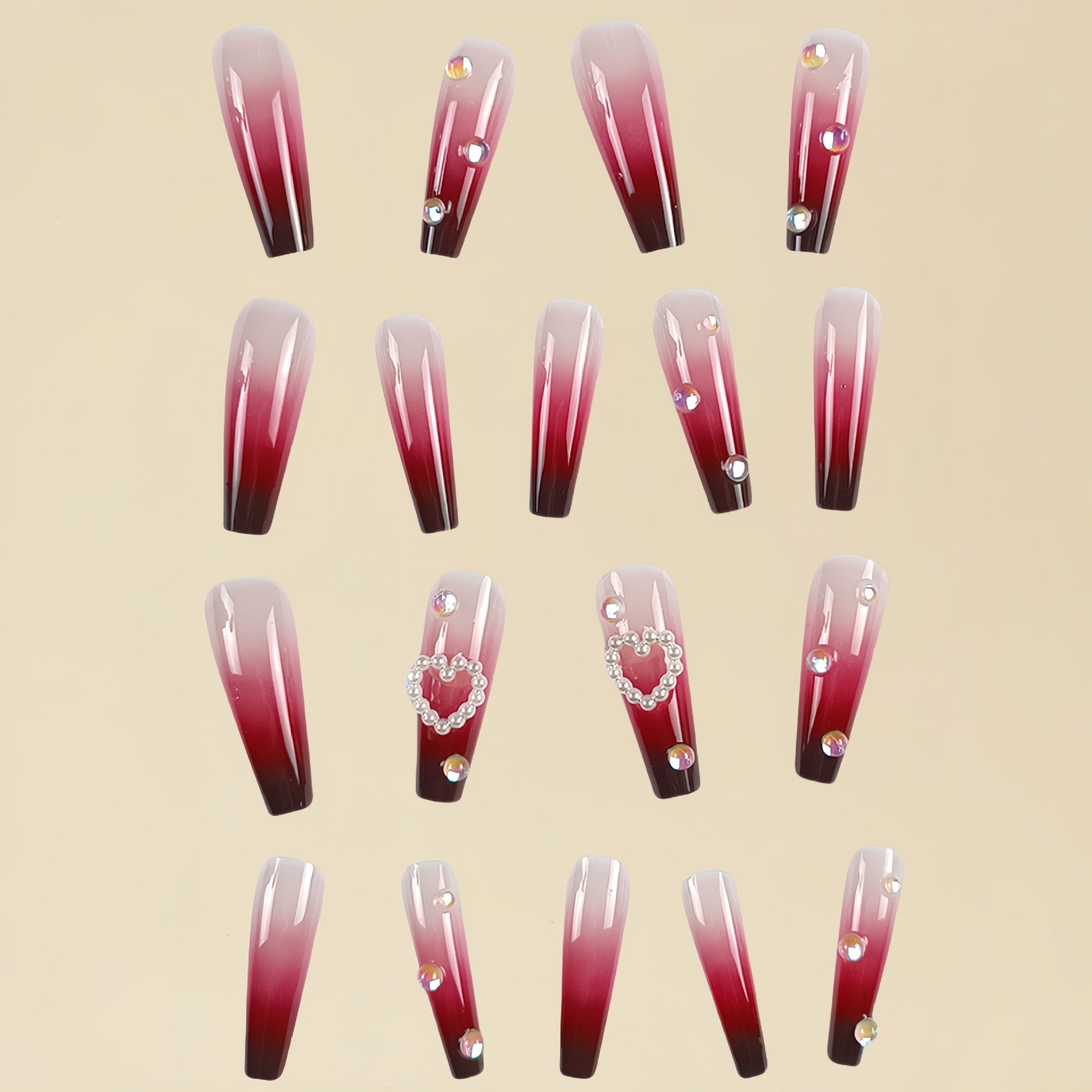 Pearl Heart Wine Red Gradient Wear Fake Nail Tip