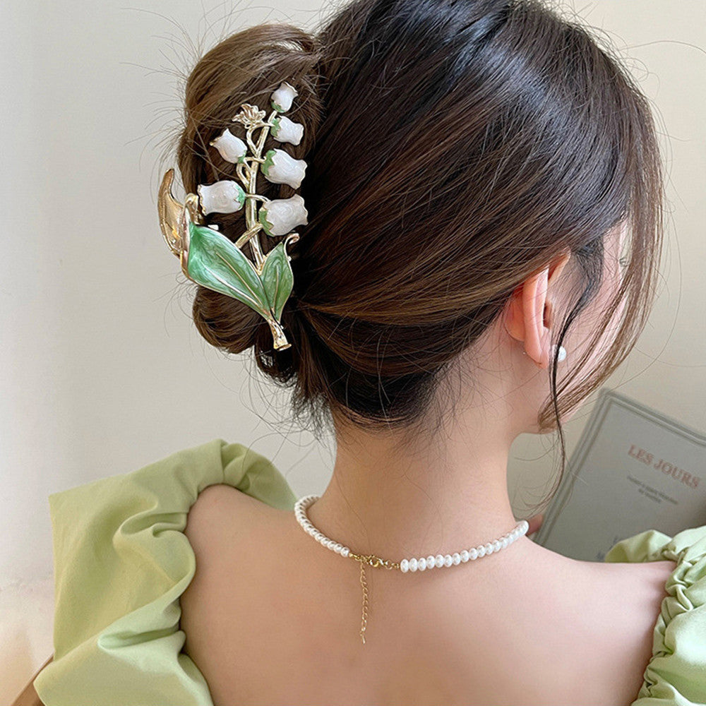 Women's Lily Of The Valley Hair Clip Large Size At The Back Of Head