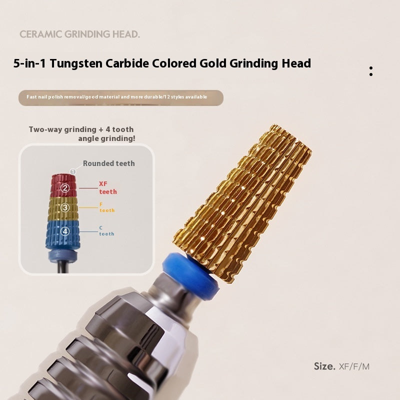 Five-in-one Tungsten Steel Cross Tooth Plating Color Alloy Nail Beauty Polish Removing Modified Peeling Grinding Head
