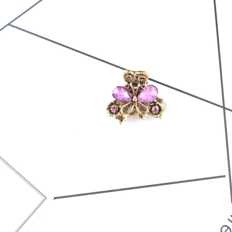 Antique Bronze Diamond and Gemstone Butterfly Grab Clip Hairpin