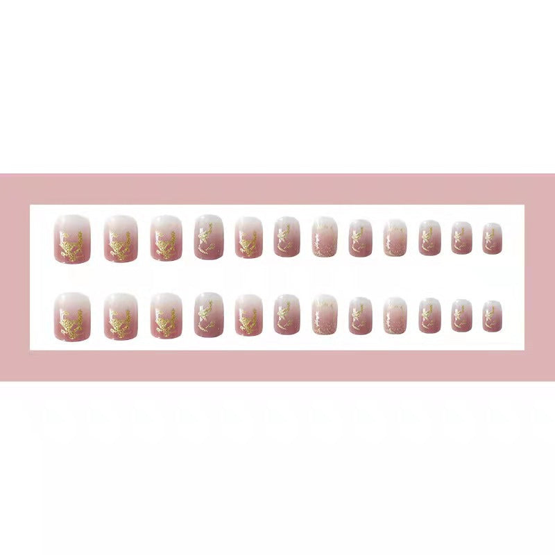 Long Milk Tea Color Gradient Gold Foil Fake Nail Patch Net Red Finished Nail Sticker