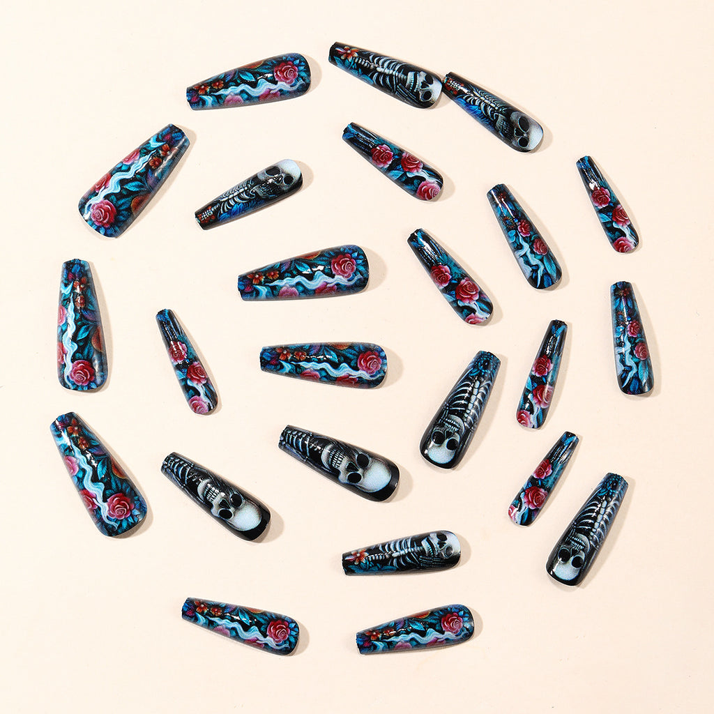 Removable Nail Tips Featuring A Long Ballet Plant Flower And Skull Design