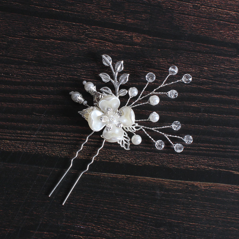 Korean Style Bridal Headdress Pearl Flower Leaf Fork