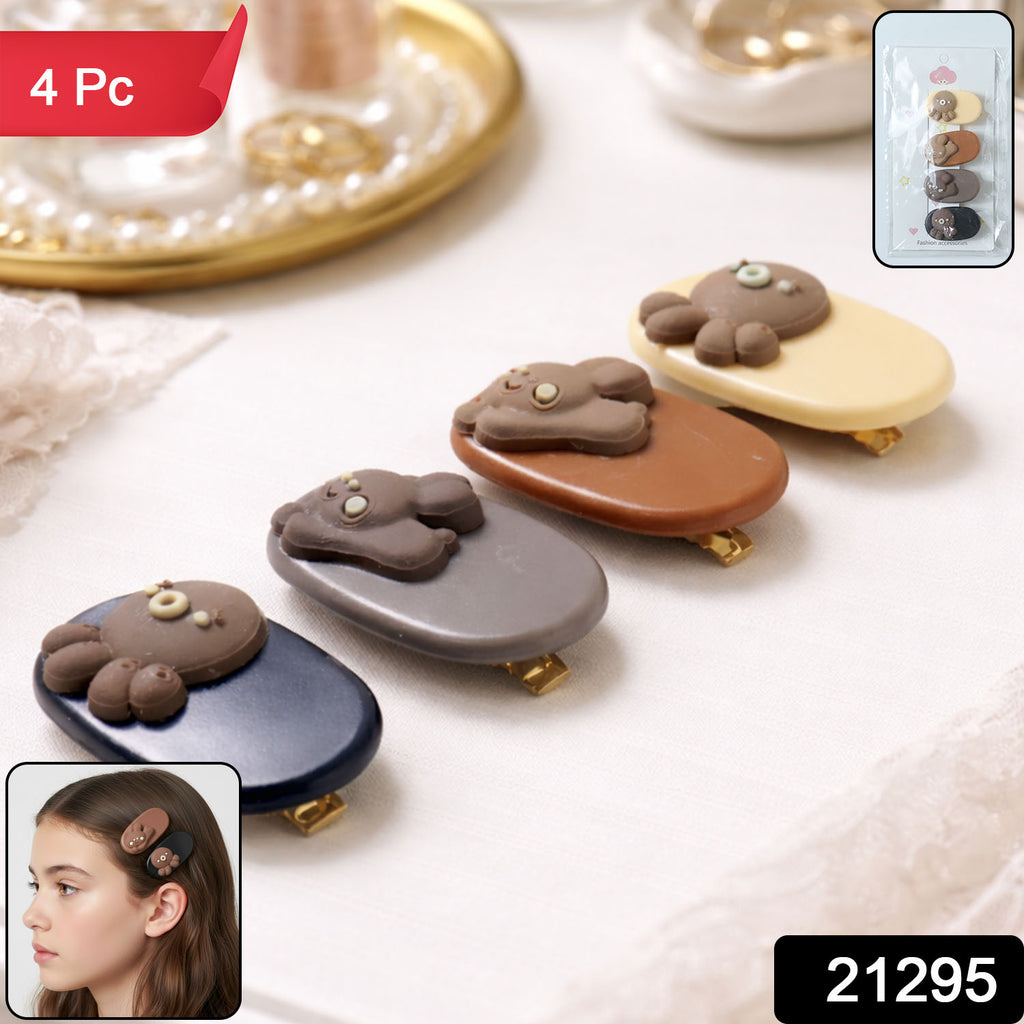 Cute Cartoon Bear Design Hair Clip Set (4 Pc)