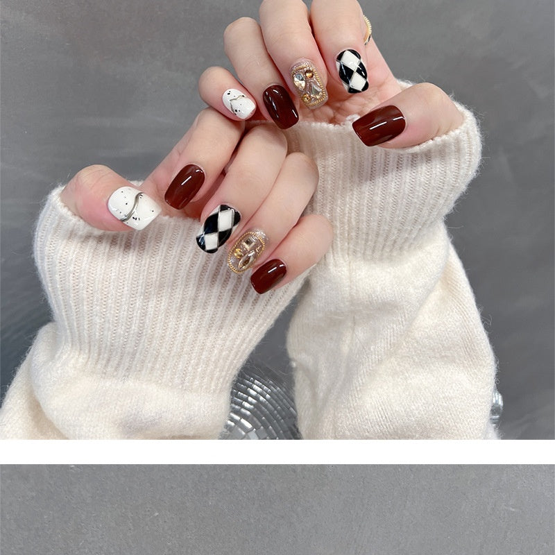 Pure Hand Drawing Autumn Warm Chocolate Black And White Diamond Lattice Oval Wear Armor