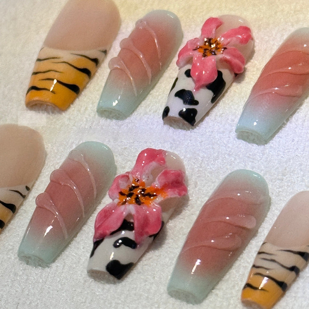 Zebra Pattern Lily Hand Carving Nail Art