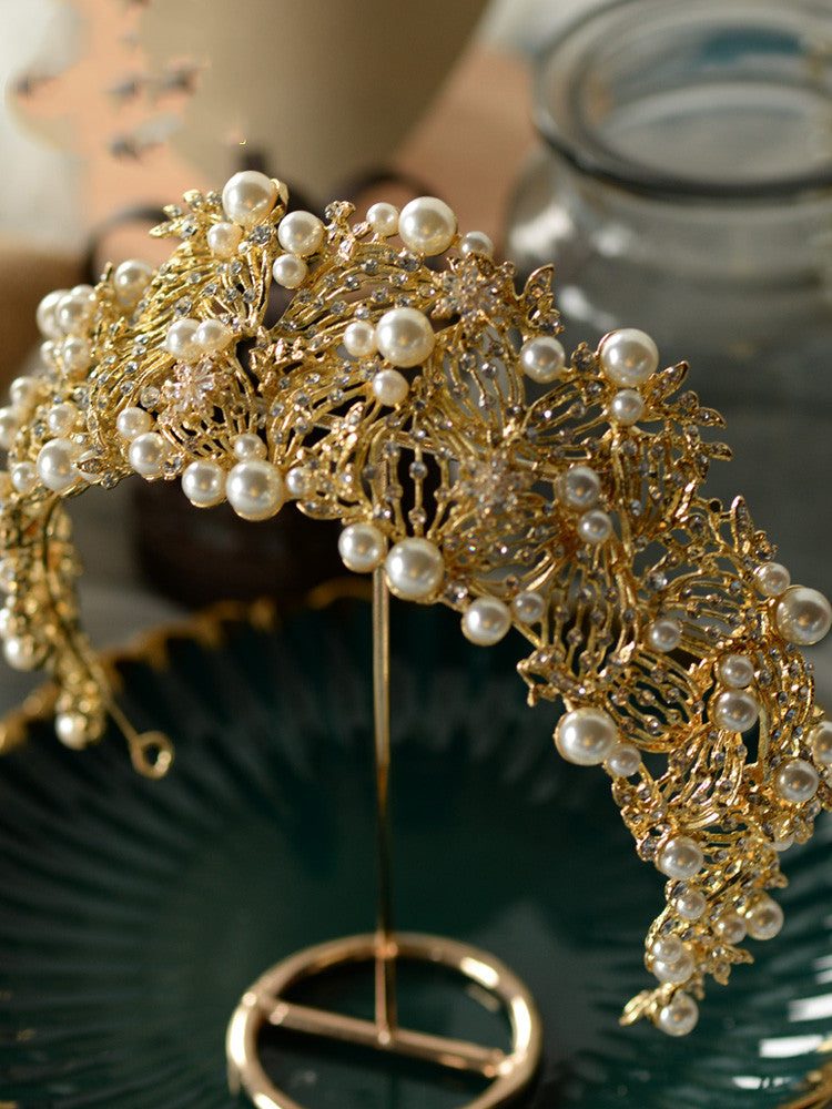 Golden Yellow Diamond Pearl Crown Hair Ornament