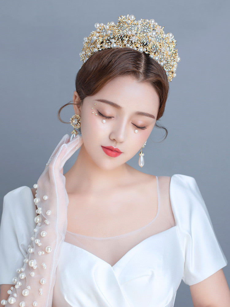 Golden Yellow Diamond Pearl Crown Hair Ornament