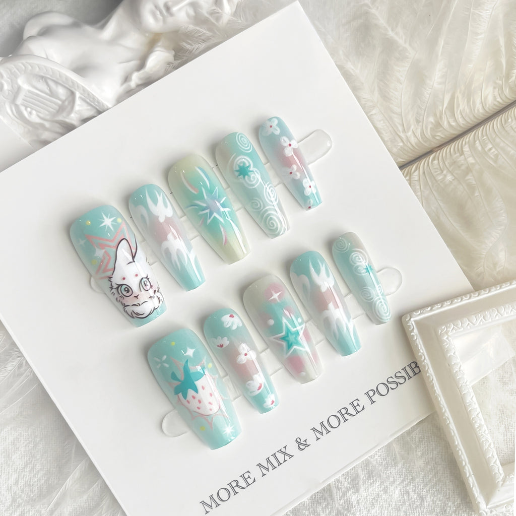 Cartoon Cute Rabbit Planet Middle Ladder Fake Nails Nail Polish