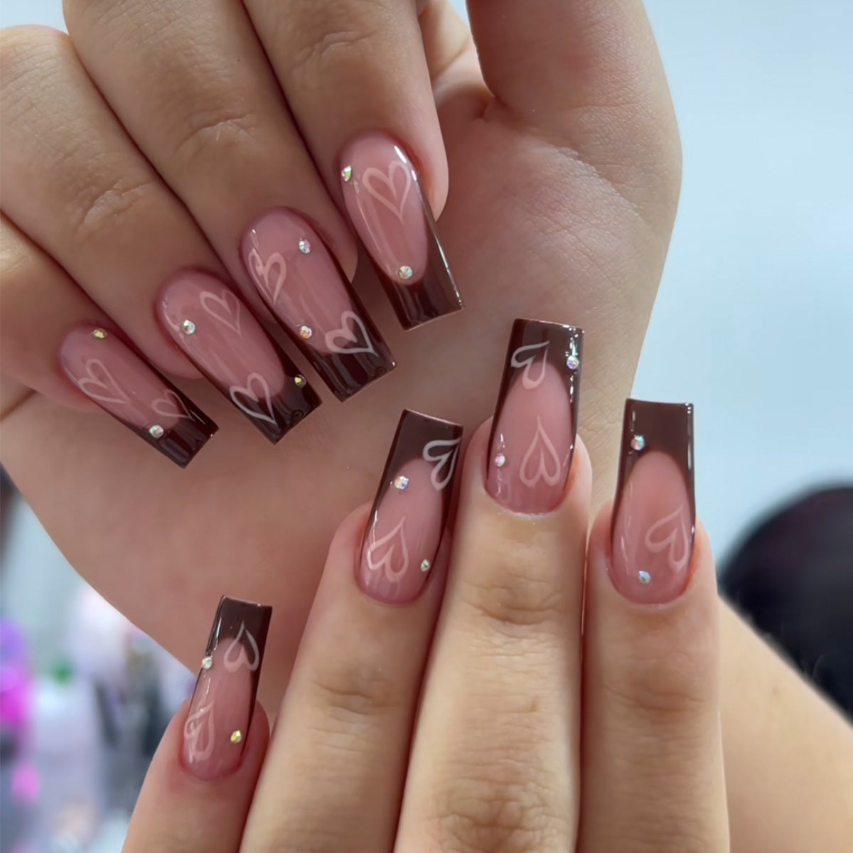Medium Rectangular Heart Shape With Diamond French Edge Nail Patch