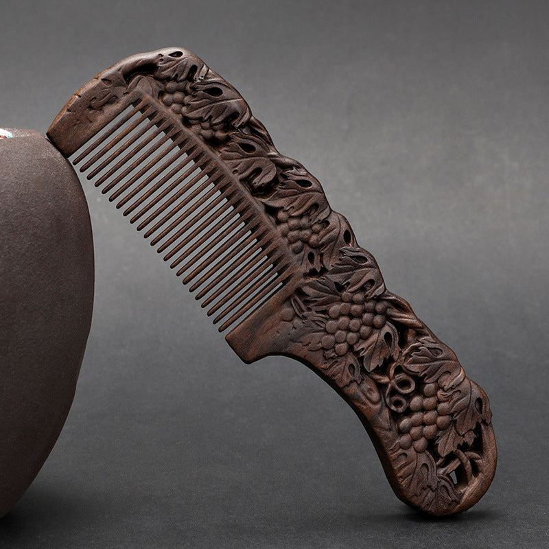 Wooden Ebony With Handle 180 Double-sided Carved Comb