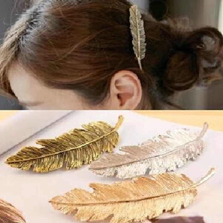 Fashion Lady Feather Leaf Spring Hairpin