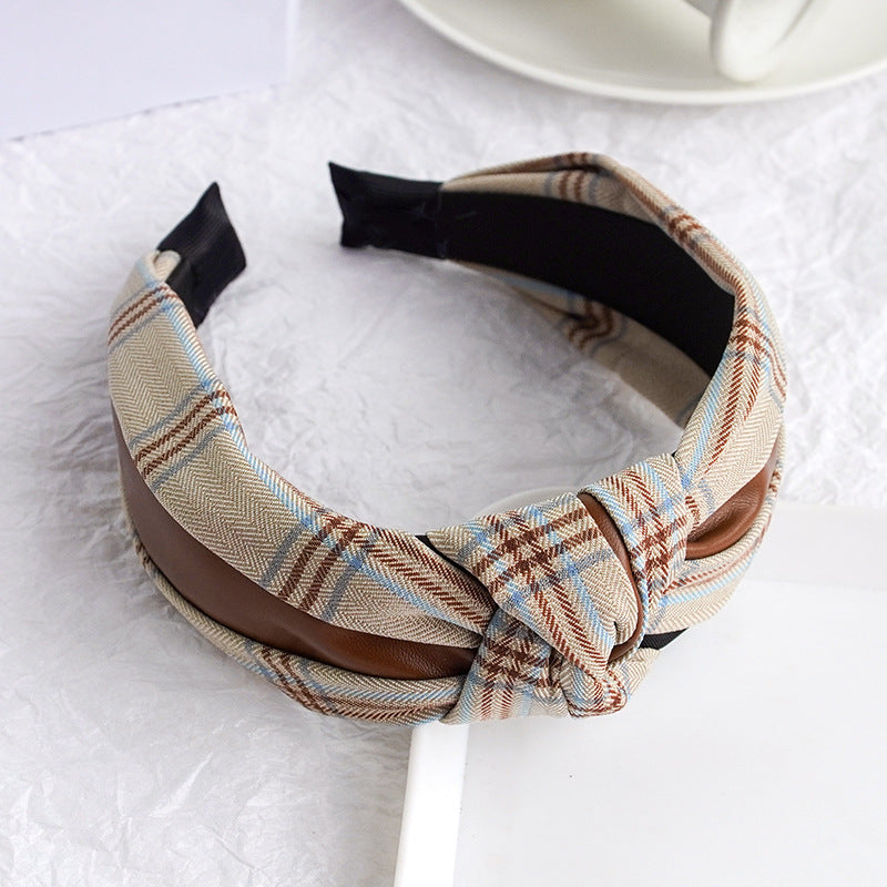PU Imitation Leather Knotted Wide Side Fashionable Plaid Striped Headband