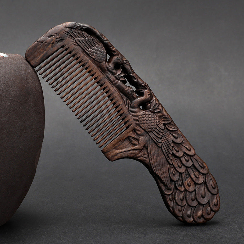 Wooden Ebony With Handle 180 Double-sided Carved Comb