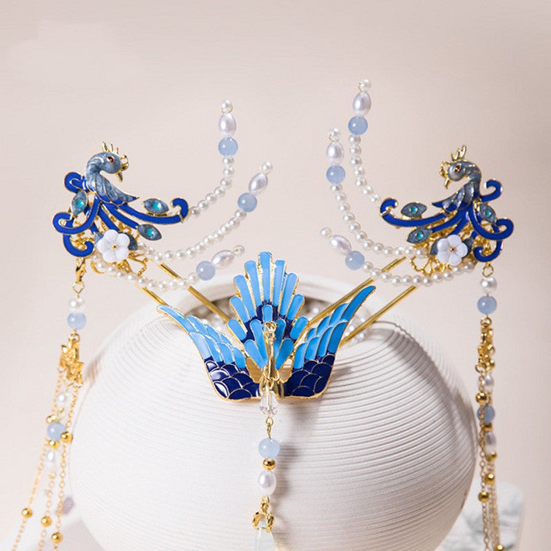 Tassel Peacock Burning Blue Hairpin Set
