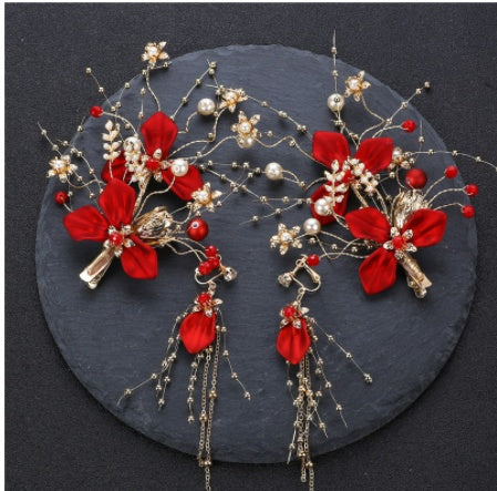 Red Hair Pin Flower Hair Clips Earrings Set Women Headdress