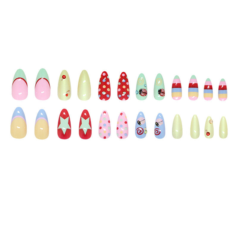 24-piece Almond-shaped Dopamine Ladybug French Polka-dot Nail Tipscute Sweet And Sparkling With Diamonds