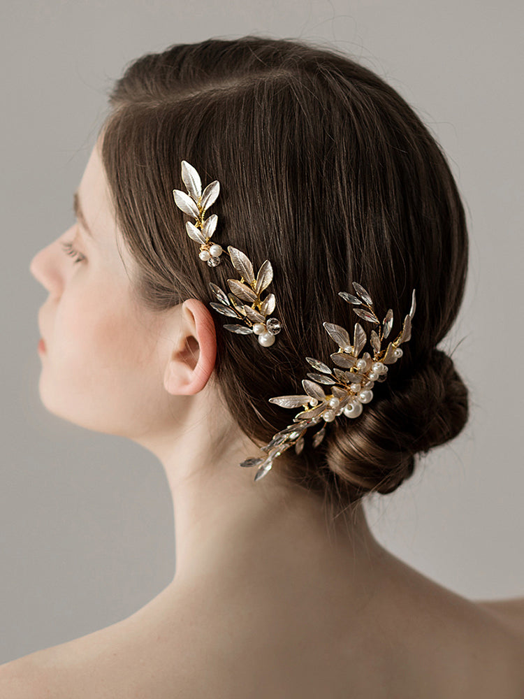White Paint Leaf Bridal Hair Comb And Fork Set
