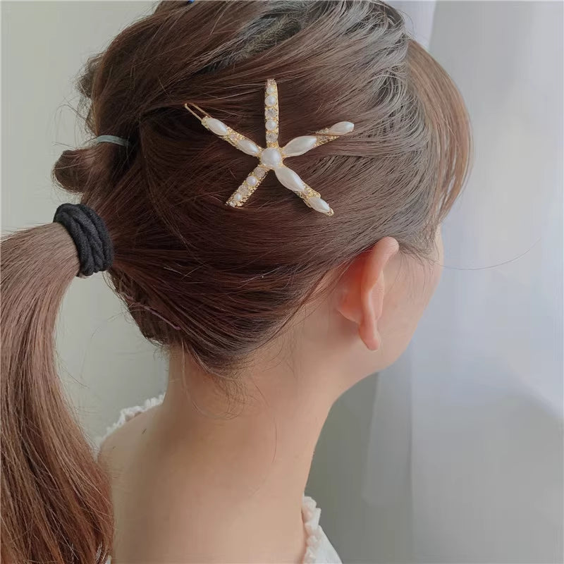 Ins Ornament South Korea Dongdaemun Hair Accessory Girl Starfish Inlaid Pearl Rhinestone Barrettes