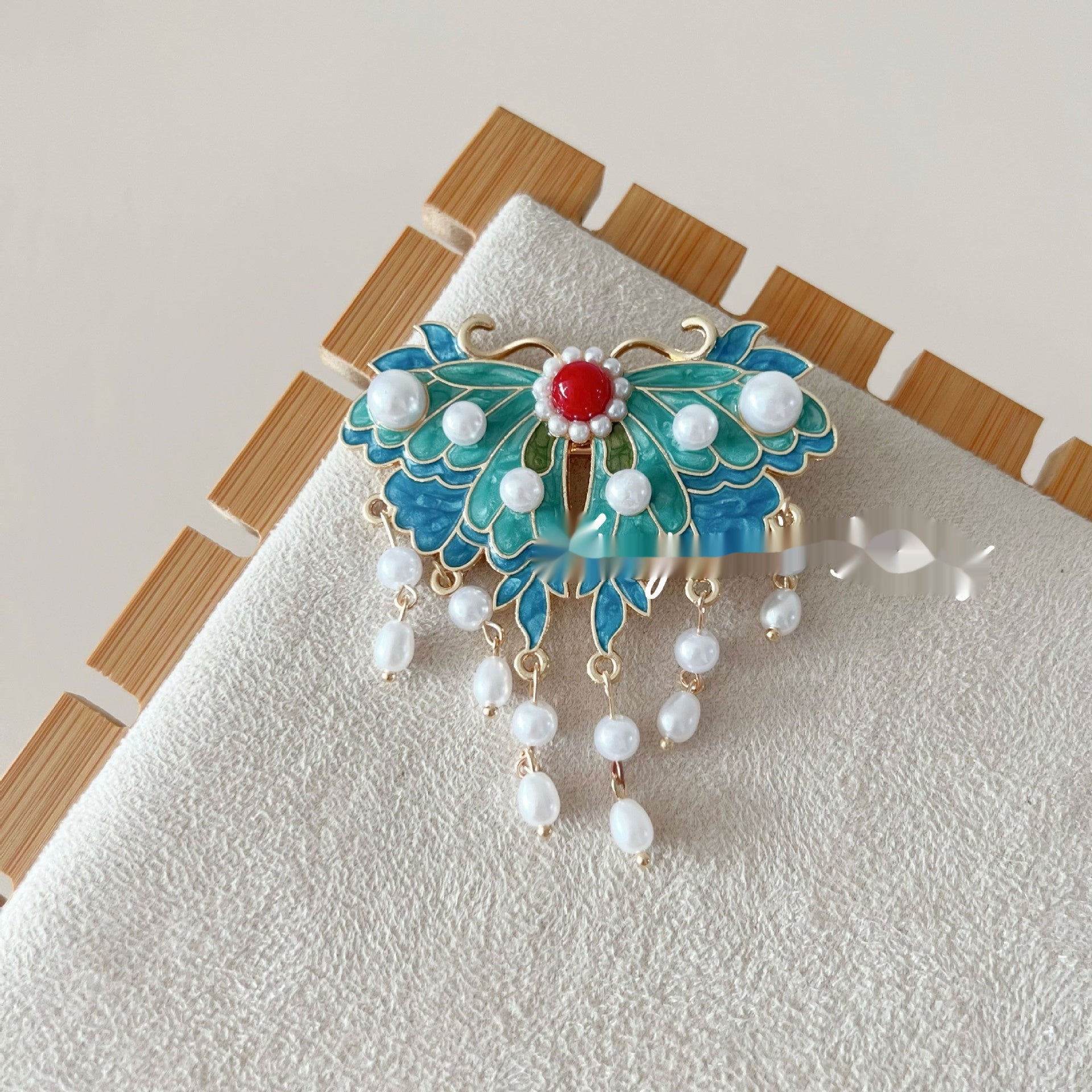 Antique Burning Blue Auspicious Cloud Pearl Butterfly Barrettes Fringed Headwear