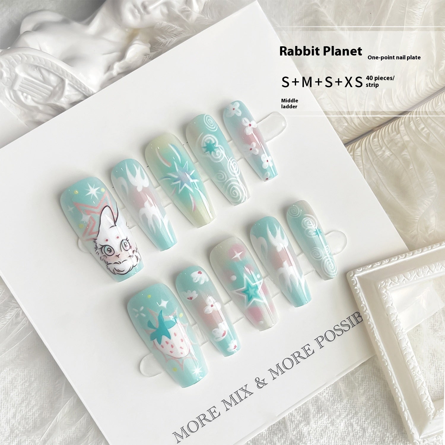 Cartoon Cute Rabbit Planet Middle Ladder Fake Nails Nail Polish