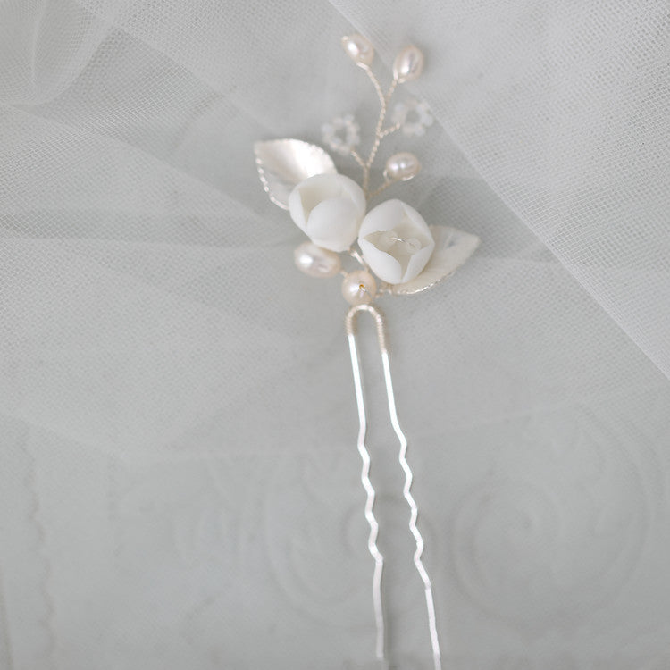 Bridal Ceramic Flower Natural Pearl Hair Fork