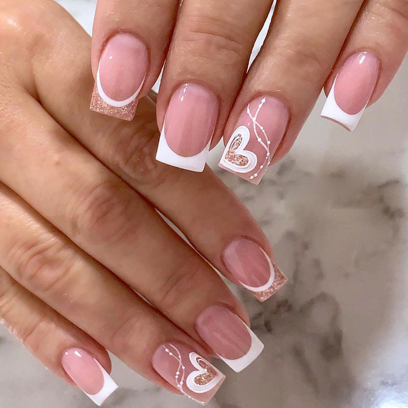Hot Girl Wearing Nail  Sweet Cool Heart French Shiny