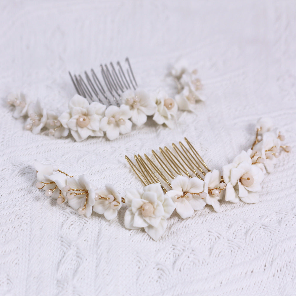 White Ceramic Flower Crystal Hair Comb