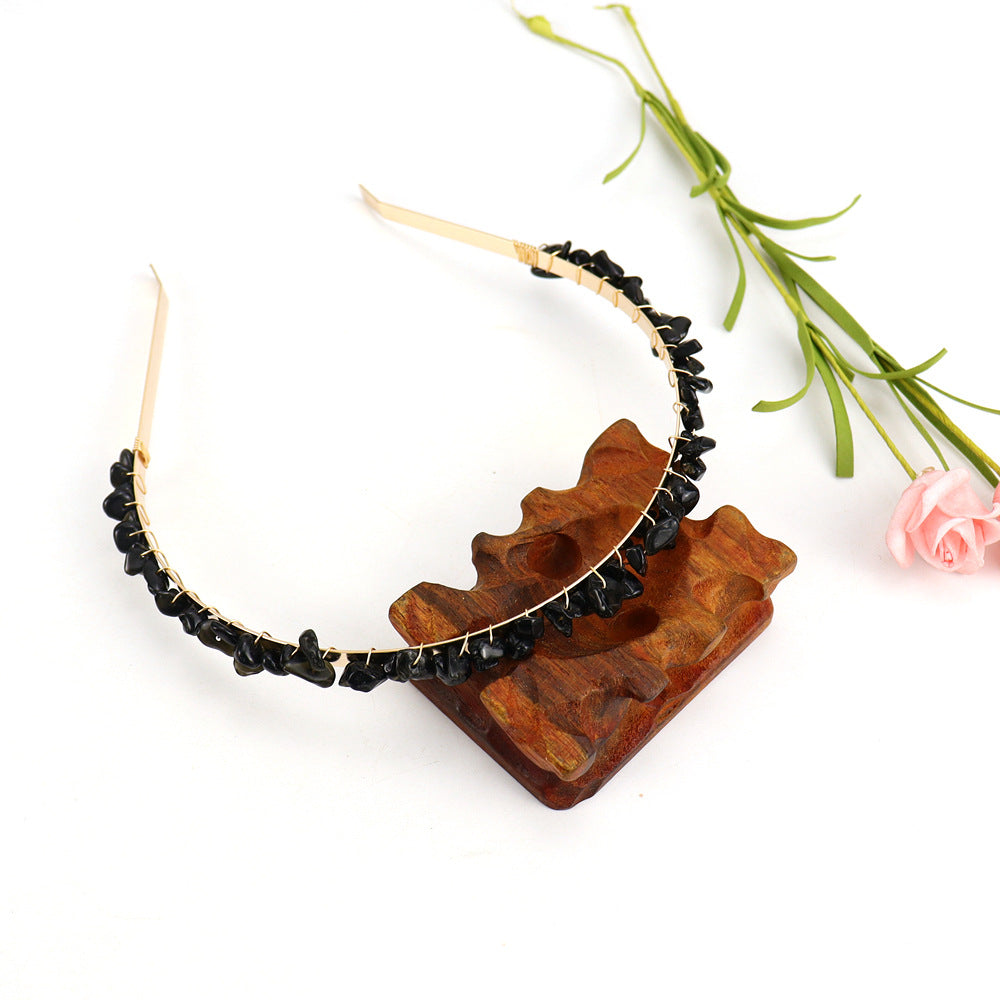 Winding Golden Double Row Natural Crystal Gravel Headband