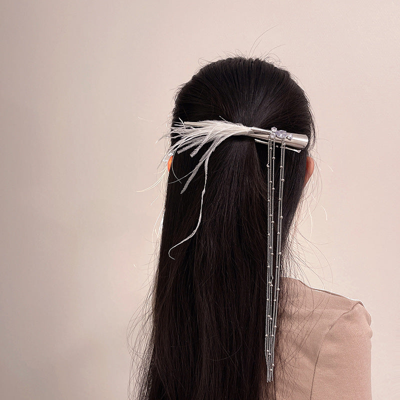 White Feather Tassel Duck Mouth Clip Headwear Hairpin Female